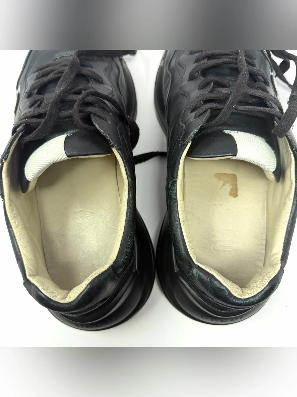 Gucci Men’s Rhyton 523535 Luxury Chunky Sneaker Sz 7 Black Leather Striped Shoe - Picture 7 of 10